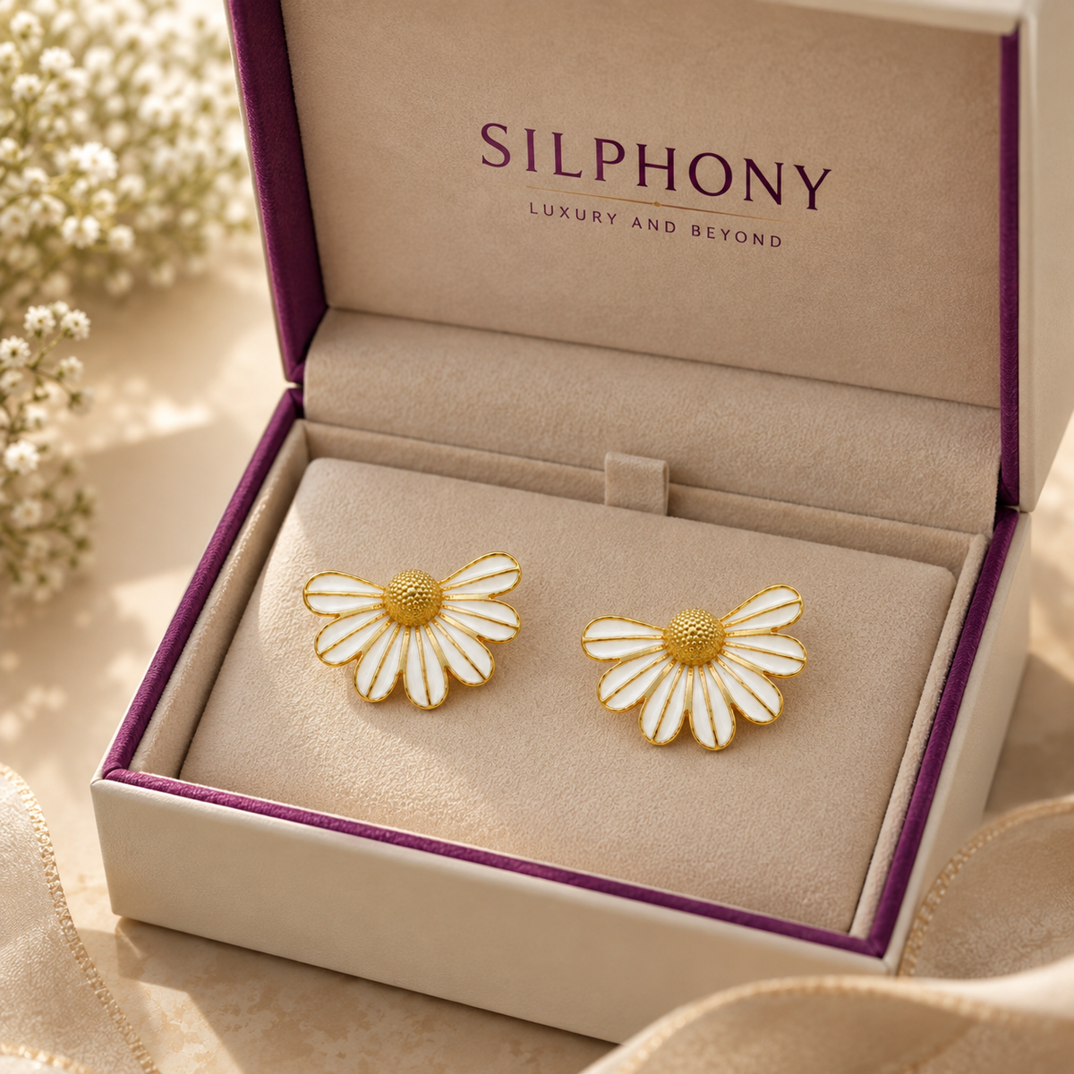 White Enamel Daisy Flower Earrings