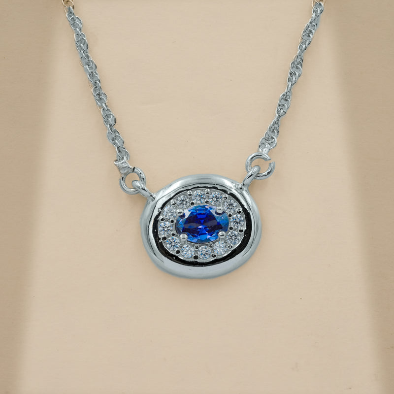 18 Inch 925 Sterling Silver Blue Oval Quartz & Moissanite Halo Chain Pendant