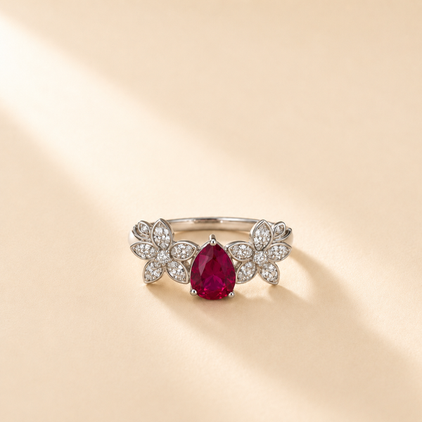 925 Silver Pear Ruby Light Floral Ring