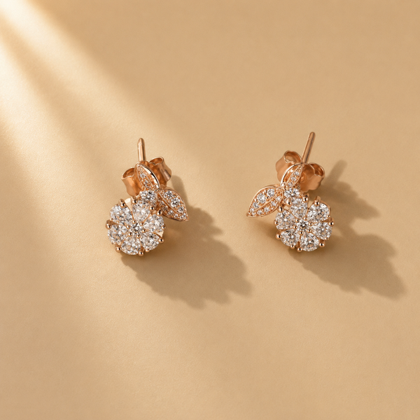 925 Sterling Silver Floral with Moissanite Rose Gold Tone Stud Earrings