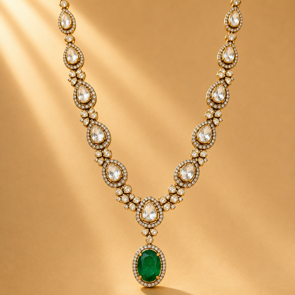 925 Sterling Silver Polki & Moissanite Elegant Teardrop Statement Necklace