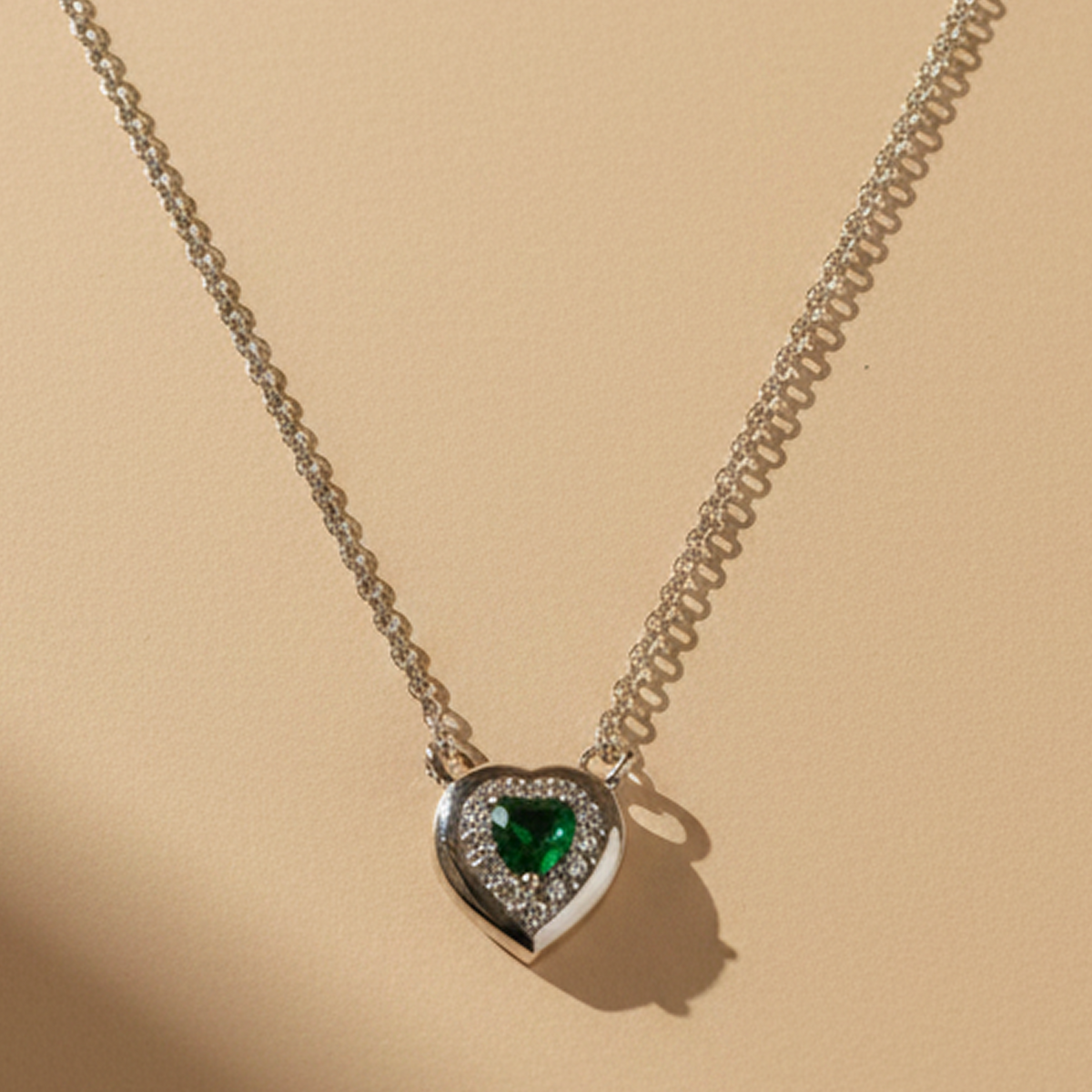 925 Sterling Silver Heart with Green Quartz & Moissanite Chain Pendant