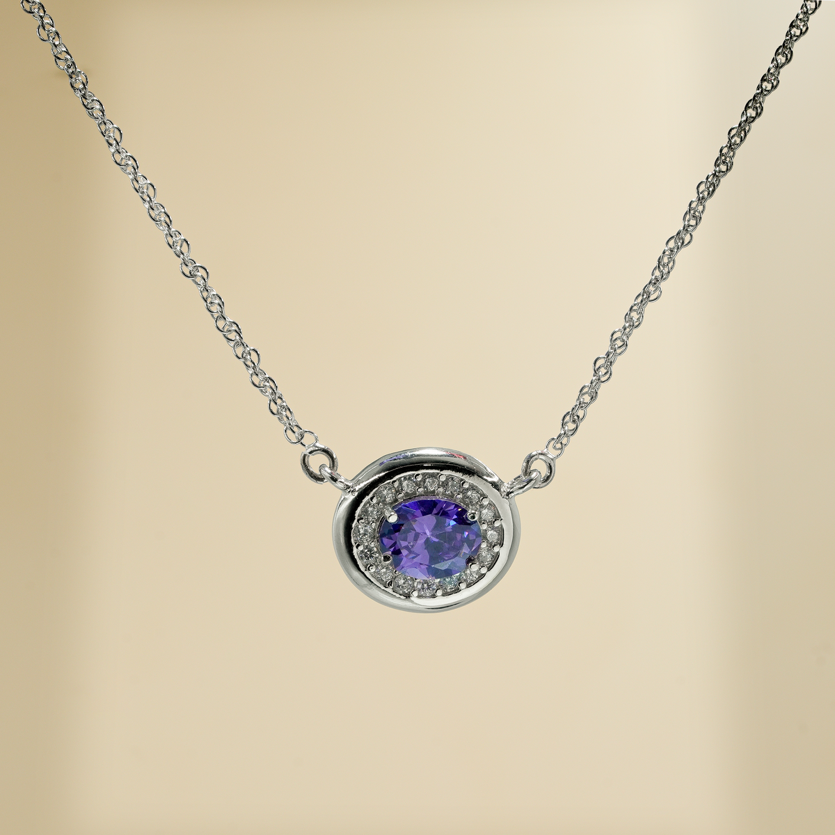 925 Sterling Silver Purple Quartz & Moissanite Oval Gemstone Halo Chain Pendant