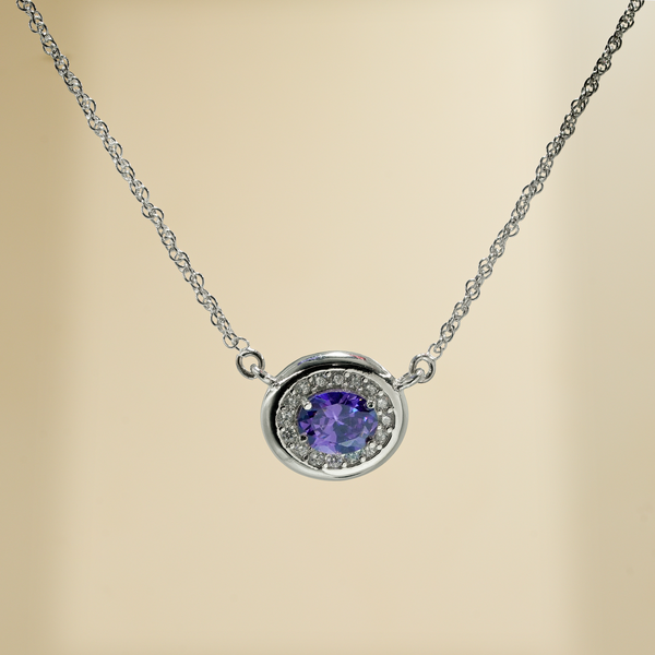 925 Sterling Silver Purple Quartz & Moissanite Oval Gemstone Halo Chain Pendant