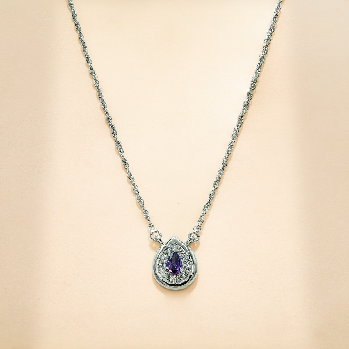 925 Sterling Silver Purple Quartz & Moissanite Pear-Shaped Teardrop Chain Pendant