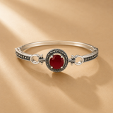 925 Sterling Silver Red Gemstone & Oxidised Moissanite Bangle Bracelet