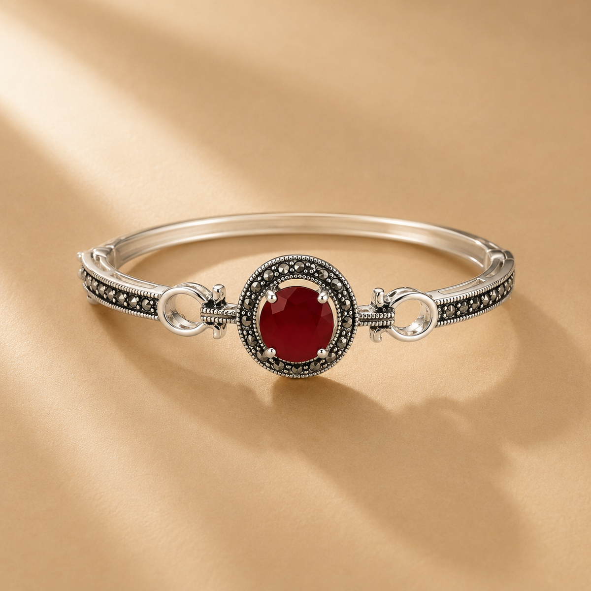 925 Sterling Silver Red Gemstone & Oxidised Moissanite Bangle Bracelet
