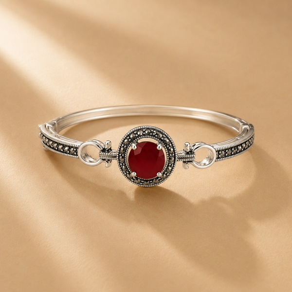 925 Silver Red Ruby Moissanite Oxidised Bracelet