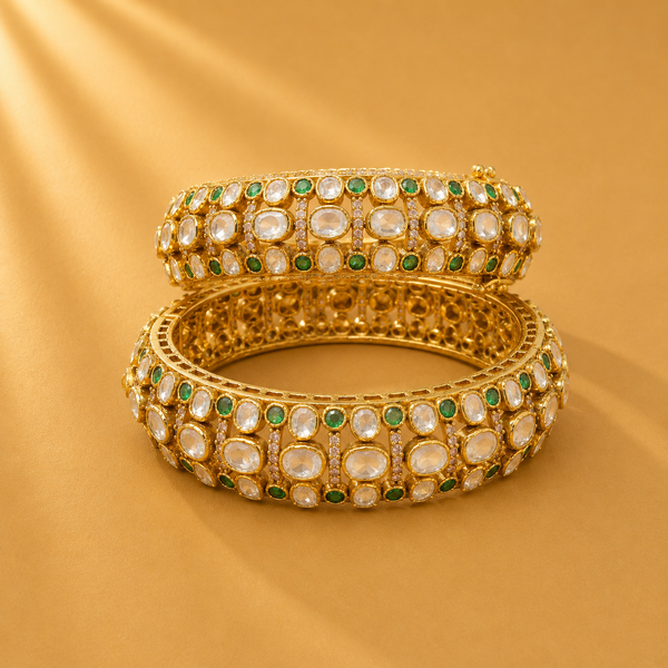 925 Sterling Silver Polki Moissanite Green Stone Designer Bangles