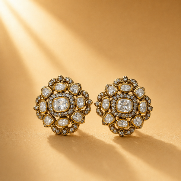 925 Sterling Silver Moissanite & Polki Floral Designer Earrings