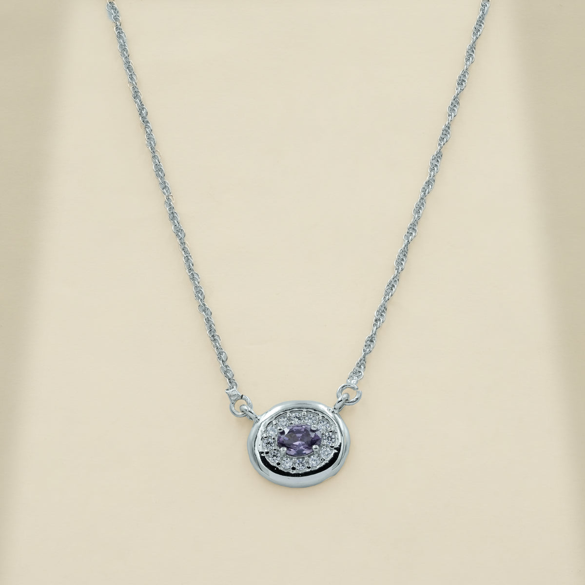925 Sterling Silver Purple Quartz & Moissanite Oval Gemstone Halo Chain Pendant