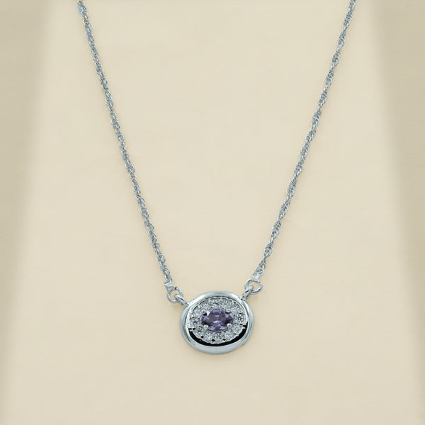925 Sterling Silver Purple Quartz & Moissanite Oval Gemstone Halo Chain Pendant