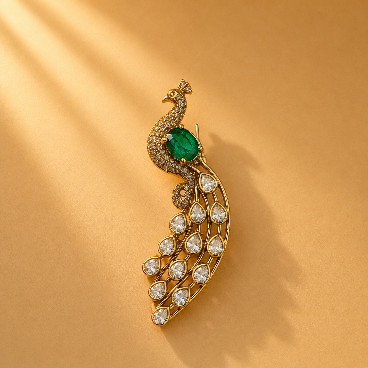 925 Sterling Silver Green Stone & Polki Peacock Statement Brooch