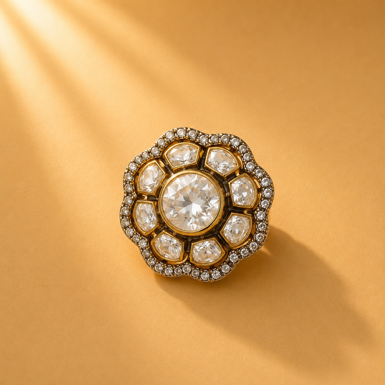 925 Sterling Silver Round Centre Stone & Polki Floral Ring