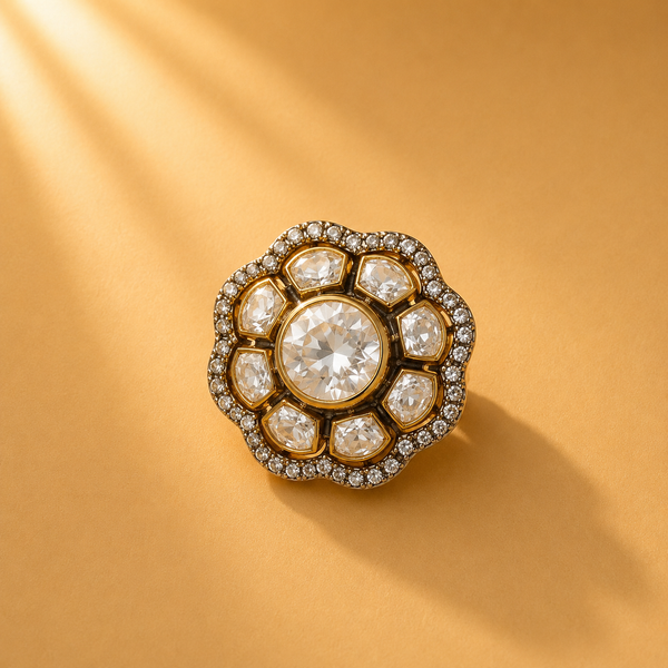 925 Sterling Silver Round Centre Stone & Polki Floral Ring