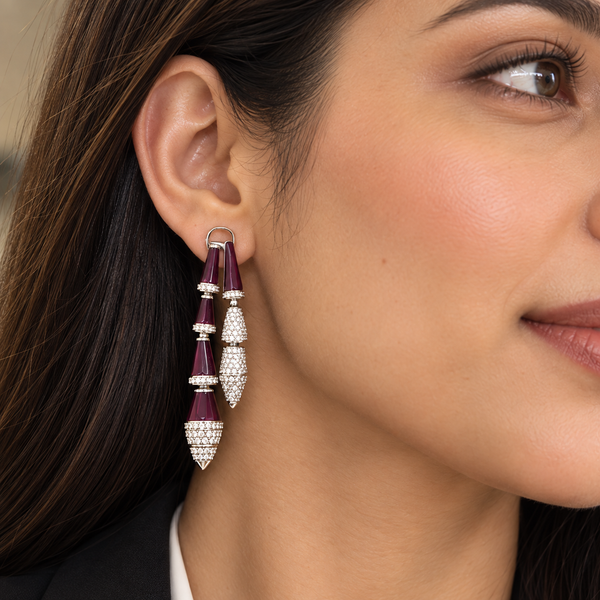 Burgundy Sculptural with Enamel Long Drop Earrings
