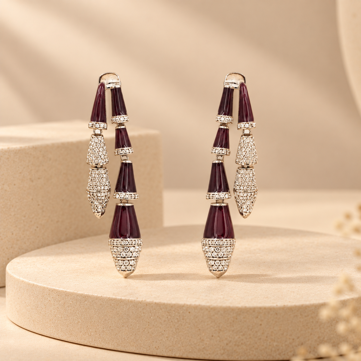 Maroon Enamel Tiered Dangler Earrings for Women