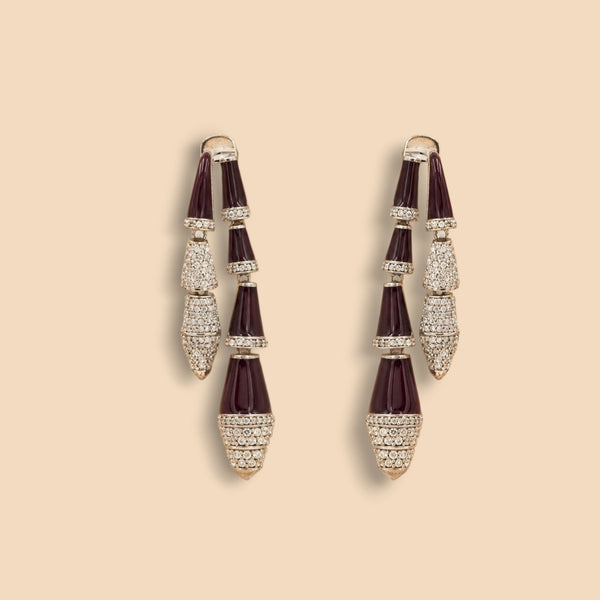 Burgundy Sculptural with Enamel Long Drop Earrings