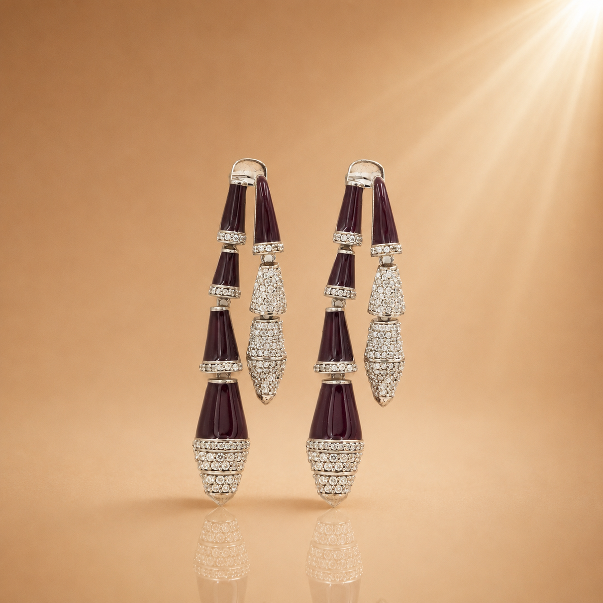 Burgundy Sculptural with Enamel Long Drop Earrings