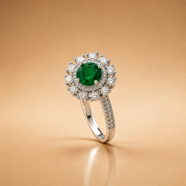 925 Silver Emerald Doublet Flower Halo Ring