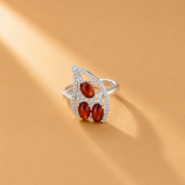 925 Silver Red Oval Garnet Leaf Ring