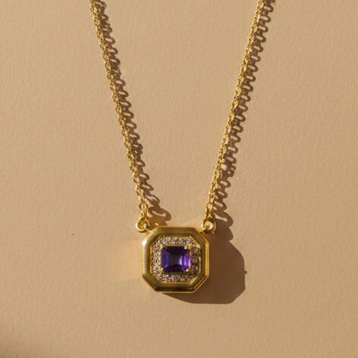 925 Sterling Silver Purple Quartz & Moissanite Geometric Octagonal Chain Pendant