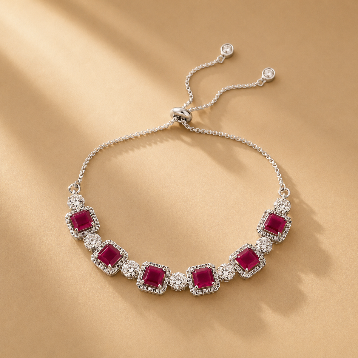 925 Sterling Silver Red Quartz & Moissanite Adjustable Bracelet