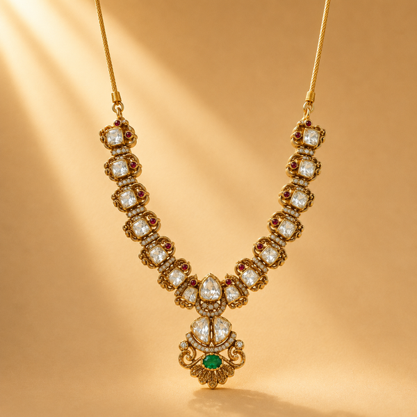 925 Sterling Silver Polki & Moissanite Traditional Designer Necklace