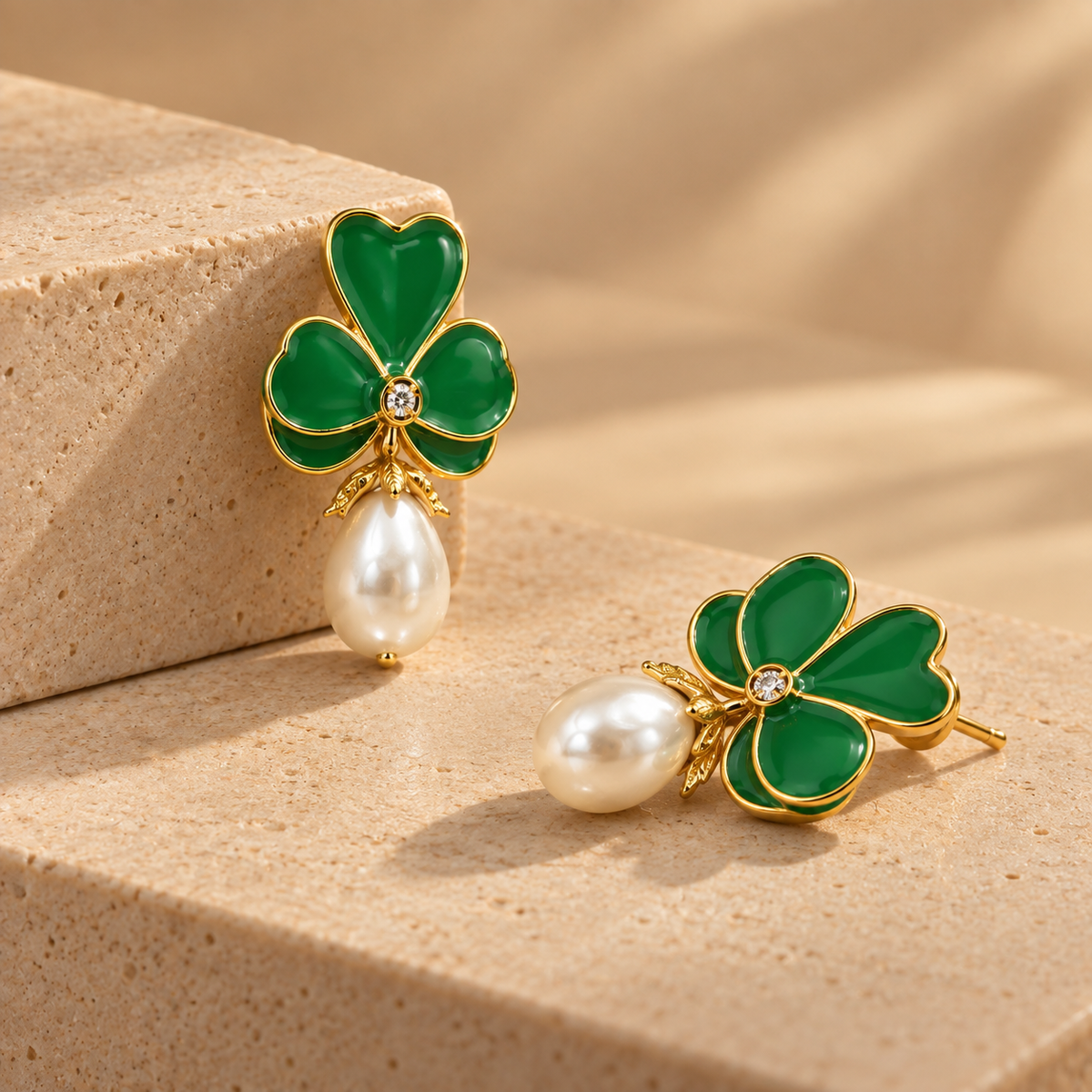 Green Enamel Clover Pearl Drop Earrings