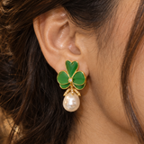 Green Enamel Clover Pearl Drop Earrings