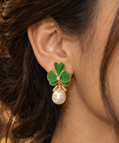 Green Clover with Pearl Drops  Earrings