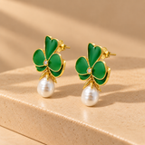 Green Enamel Clover Pearl Drop Earrings