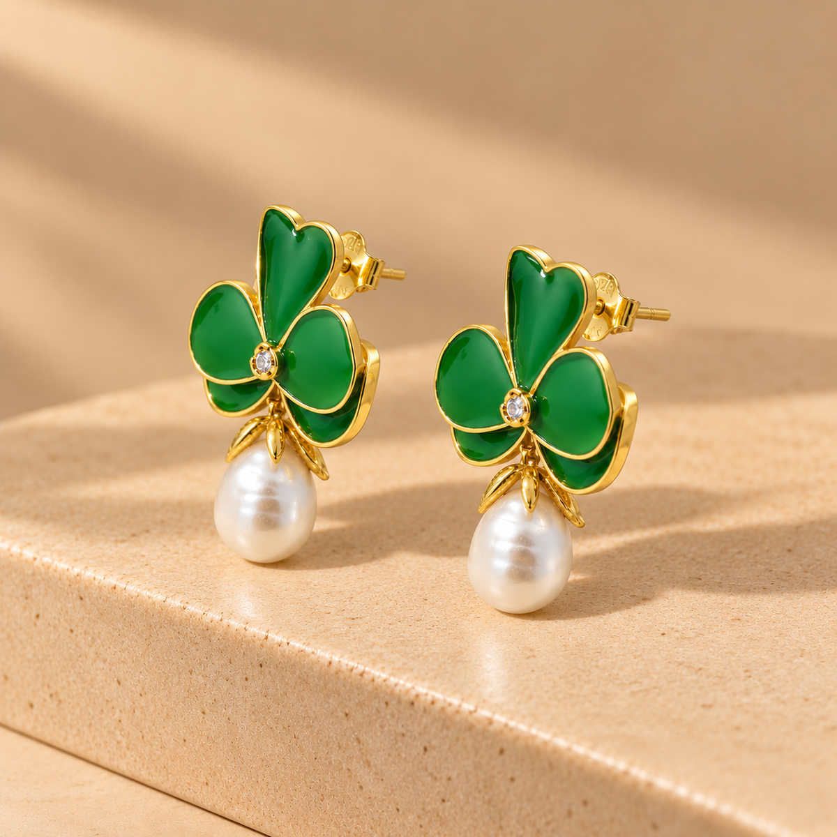 Green Enamel Clover Pearl Drop Earrings