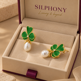 Green Enamel Clover Pearl Drop Earrings