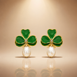 Green Enamel Clover Pearl Drop Earrings