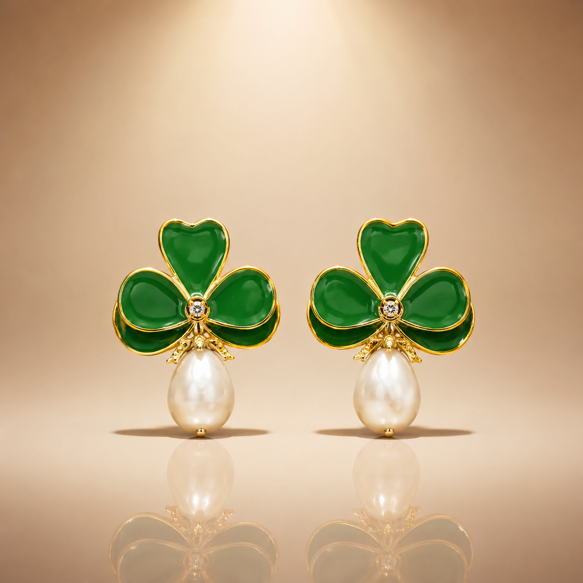 Green Clover with Pearl Drops  Earrings