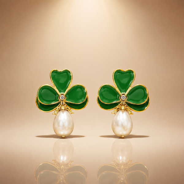 Green Clover with Pearl Drops  Earrings