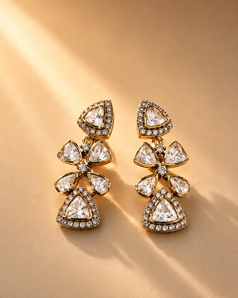 925 Sterling Silver Polki & Moissanite Drop Floral Statement Earrings-Pre Order