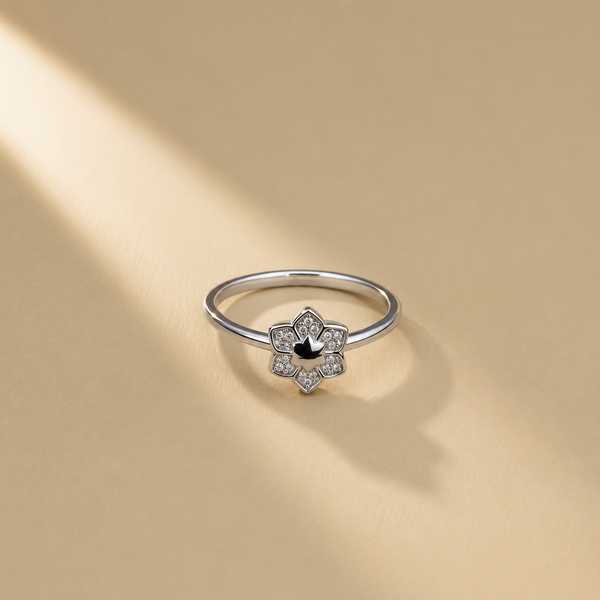 Flower 925 Sterling Silver Black Centre with Moissanite Floral Statement Ring