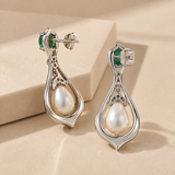 925 Silver Emerald Pearl Drop Earrings for Women