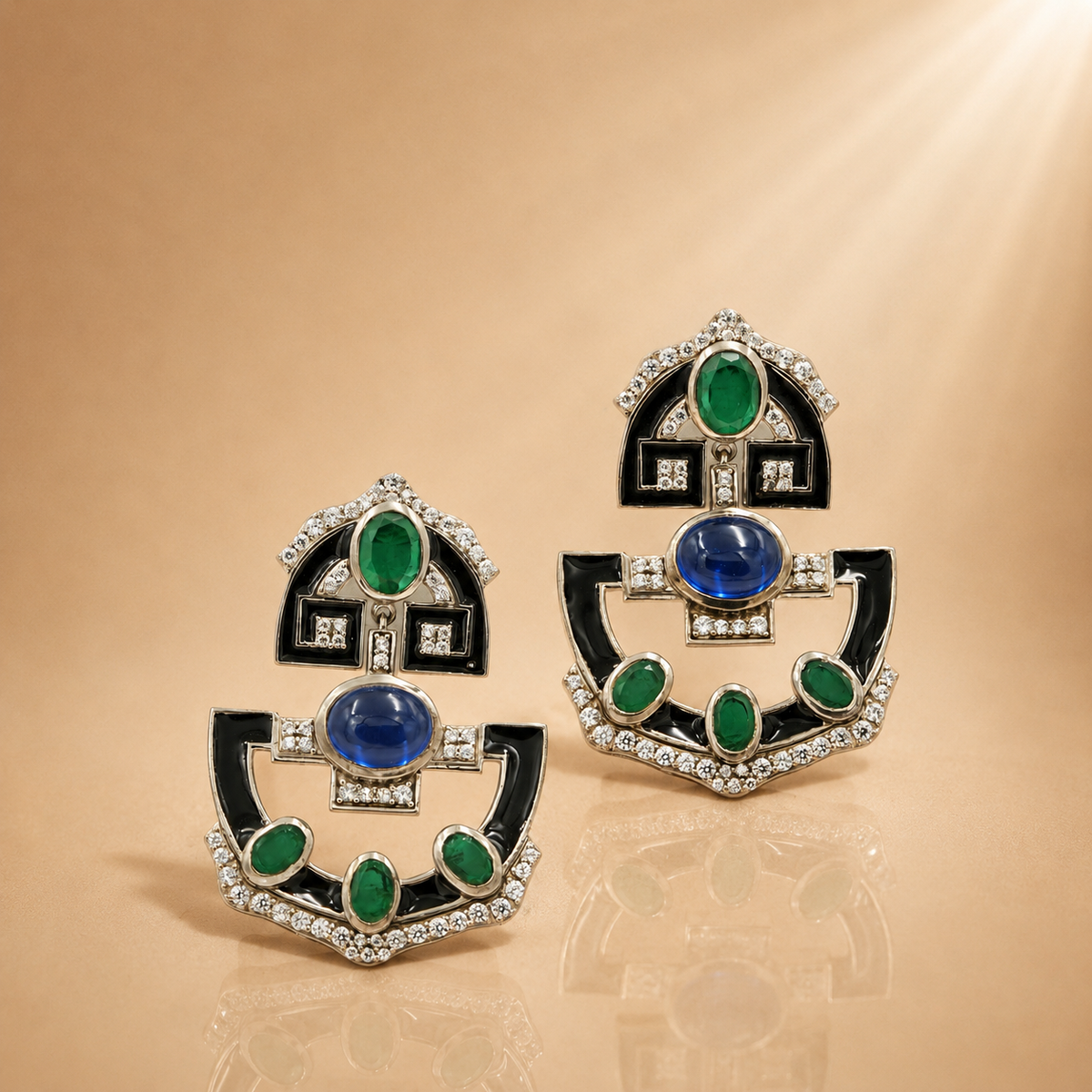 Emerald & Blue Gemstone Statement Earrings