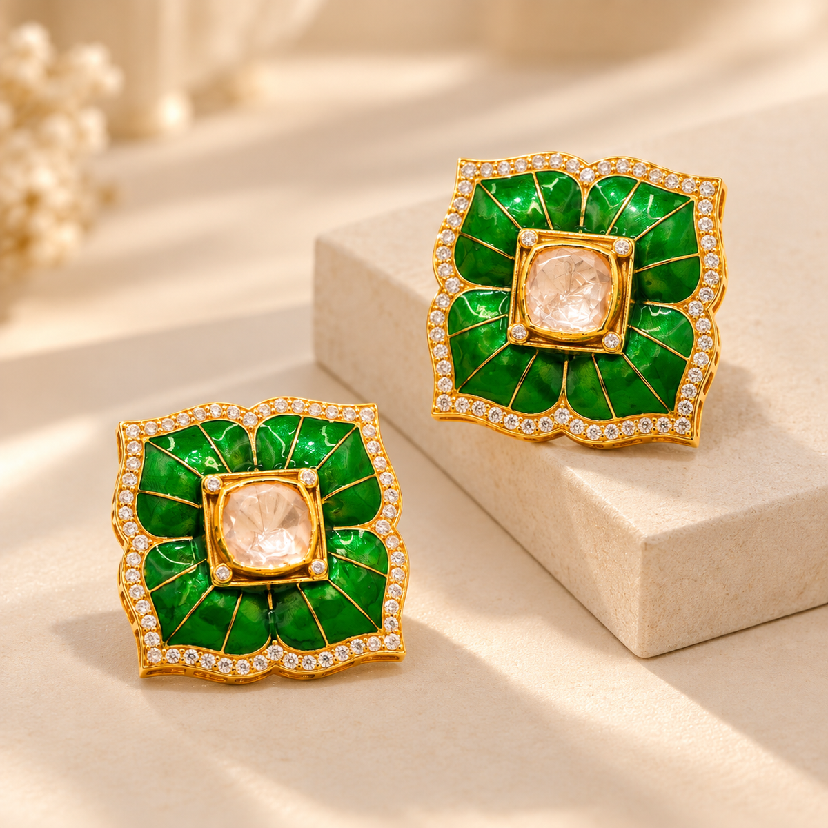 One-of-One 92.5 Silver Green Enamel Square Stud Earrings