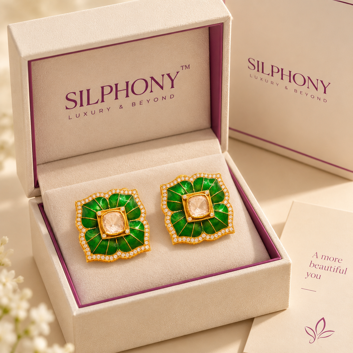 One-of-One 92.5 Silver Green Enamel Square Stud Earrings