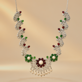925 Sterling Silver Floral Pearl & Multicolor Gemstone Necklace