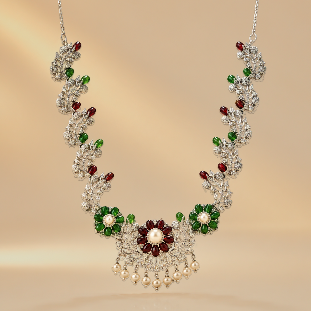 925 Sterling Silver Floral Pearl & Multicolor Gemstone Necklace
