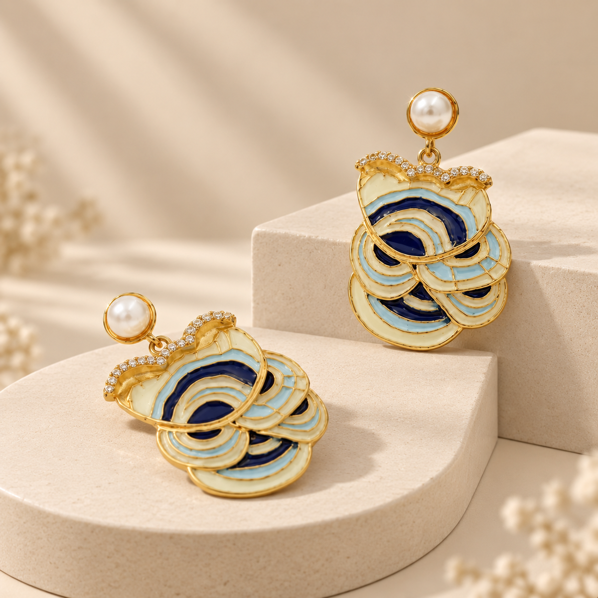 925 Silver Blue And White Enamel Pearl Drop Earrings