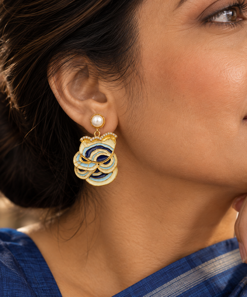 Blue & White Enamel Pearl Drop Earrings