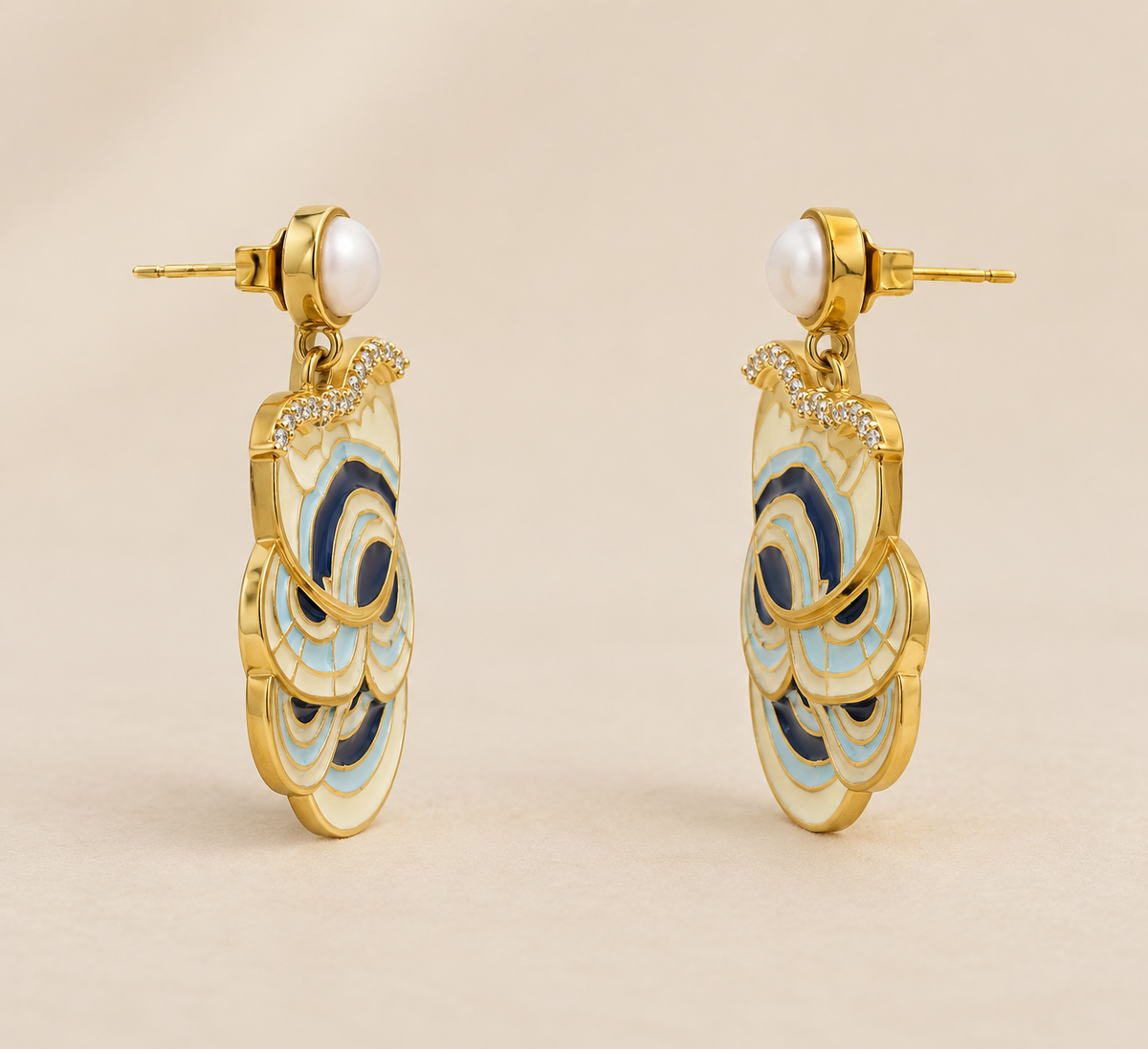 925 Silver Blue And White Enamel Pearl Drop Earrings