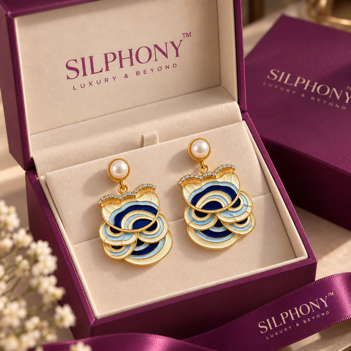 925 Silver Blue And White Enamel Pearl Drop Earrings