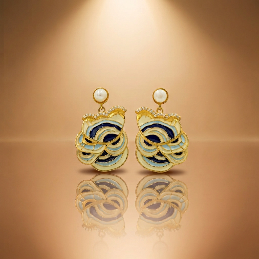 Blue & White Enamel Pearl Drop Earrings